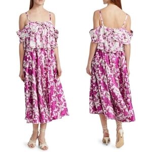 New AMUR Off-The-Shoulder Magenta Popover Waist Midi Dress NWT Size 2